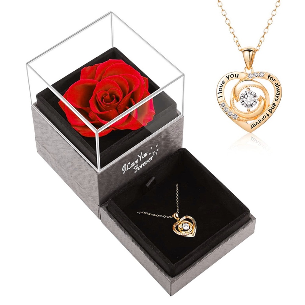 Preserved Real Red Rose with Heart Necklace - Gift Set for Wife, Girlfriend